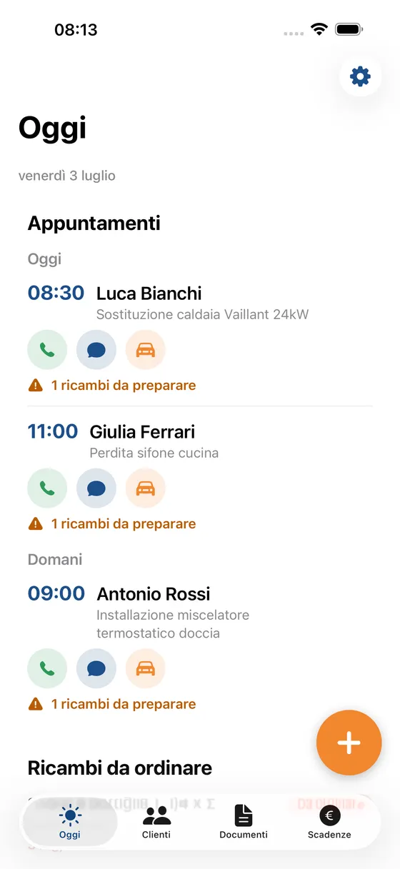 Today screen in the Garzone app with today's appointments and parts to prepare