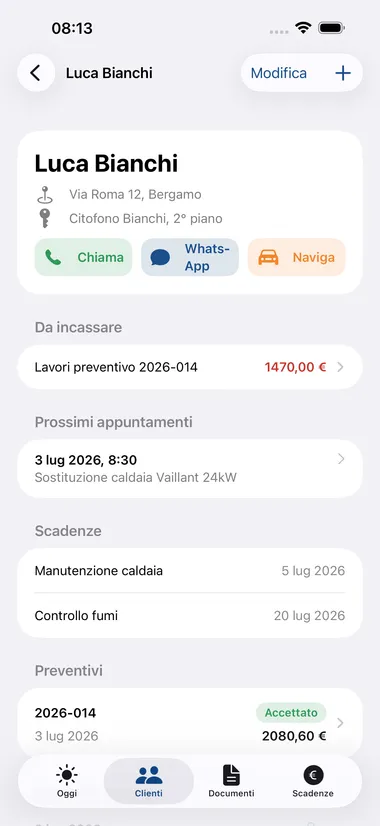 Client record with job history, quotes and due dates