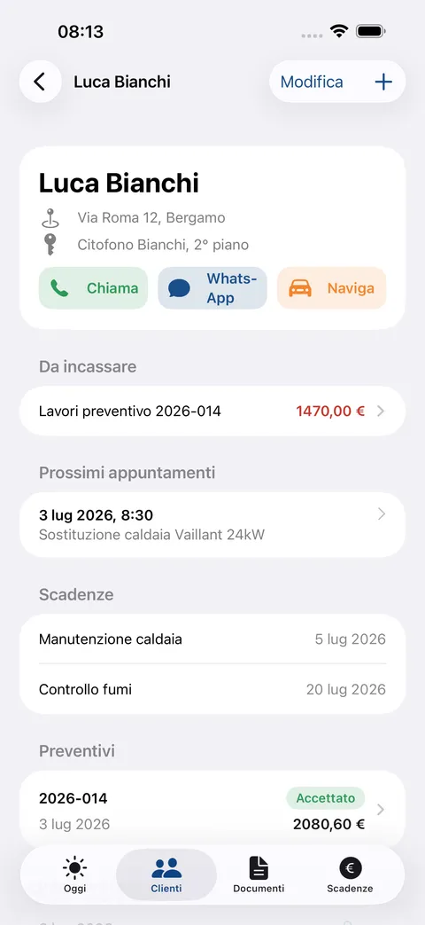 Scheda cliente con la scadenza della manutenzione caldaia registrata